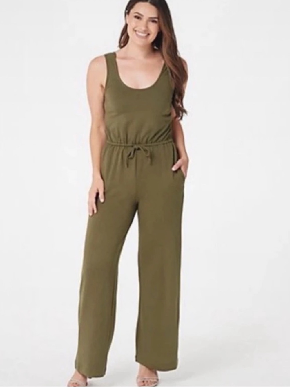 Barefoot Dreams Olive Green Drawstring Wide-Leg Jumpsuit